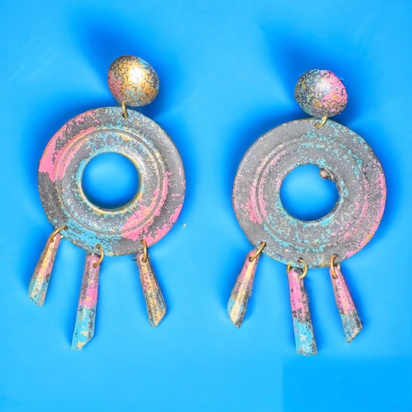 Women's Dangling Earrings - Gold, Turquoise & Pink - Wooden Whimsy - Picture 2 of 6